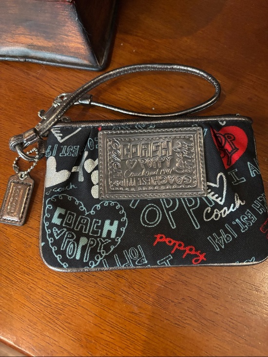 Coach Handbags - Coach Black Poppy Print Wristlet with Red & Light Blue Accents